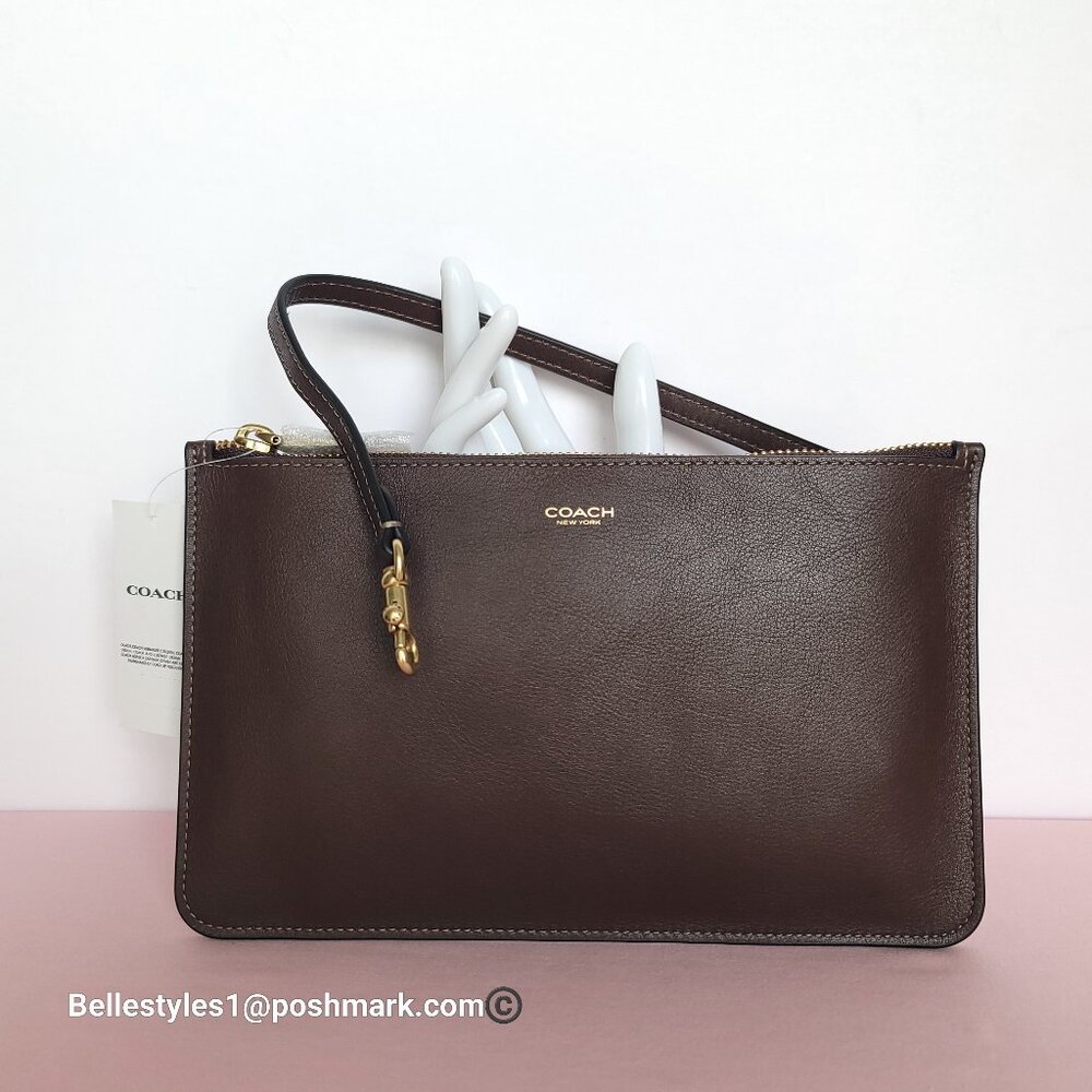 COACH Natural Grain Leather Top-Zip Pouch with Dog-clip Leash- Maple color⭐ - Picture 7 of 16